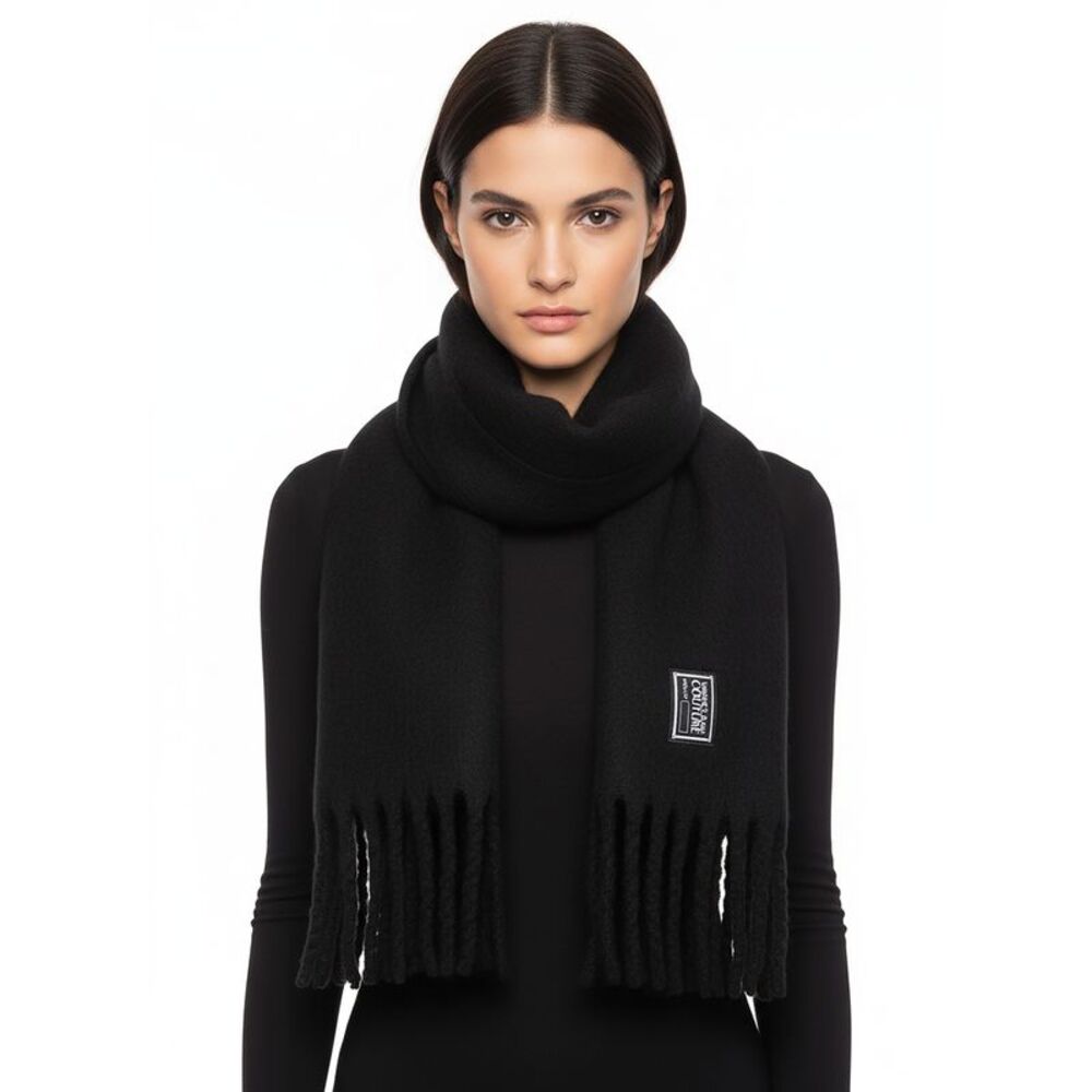 Versace Jeans Couture Black Soft  Scarf with Logo Patch & Fringe Finish